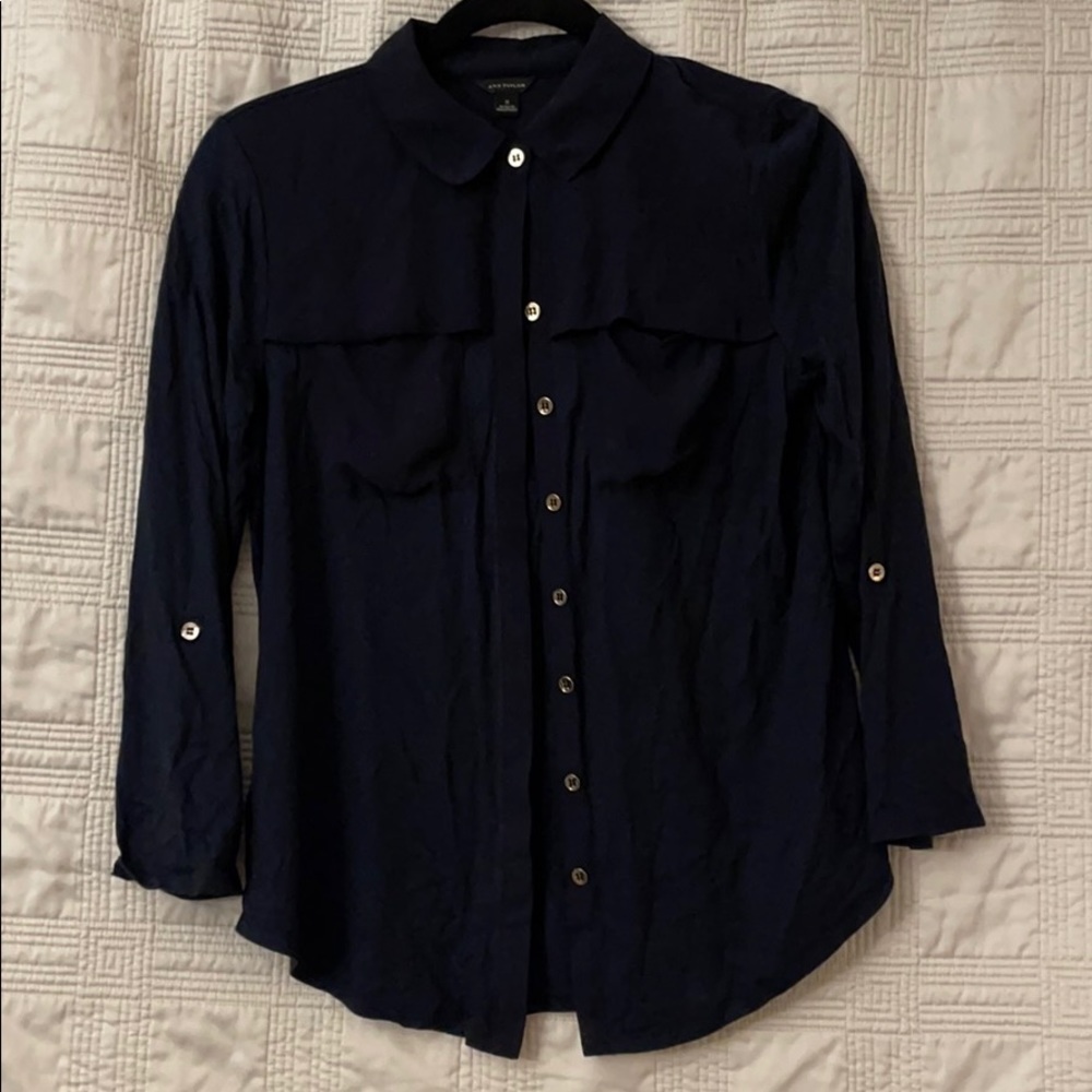 Ann Taylor navy, mixed media button down